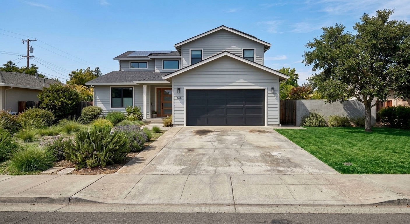 Weathered concrete driveway with hairline cracks and oil stains