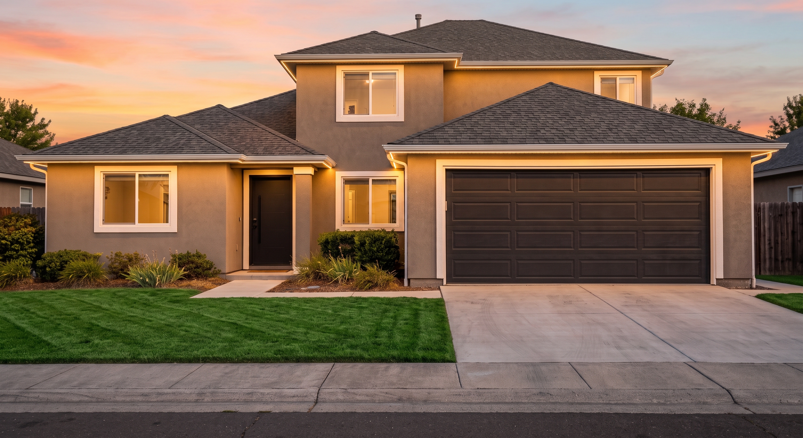 Renewed home exterior at dusk with new driveway, modern finishes, and warm LED accent lighting