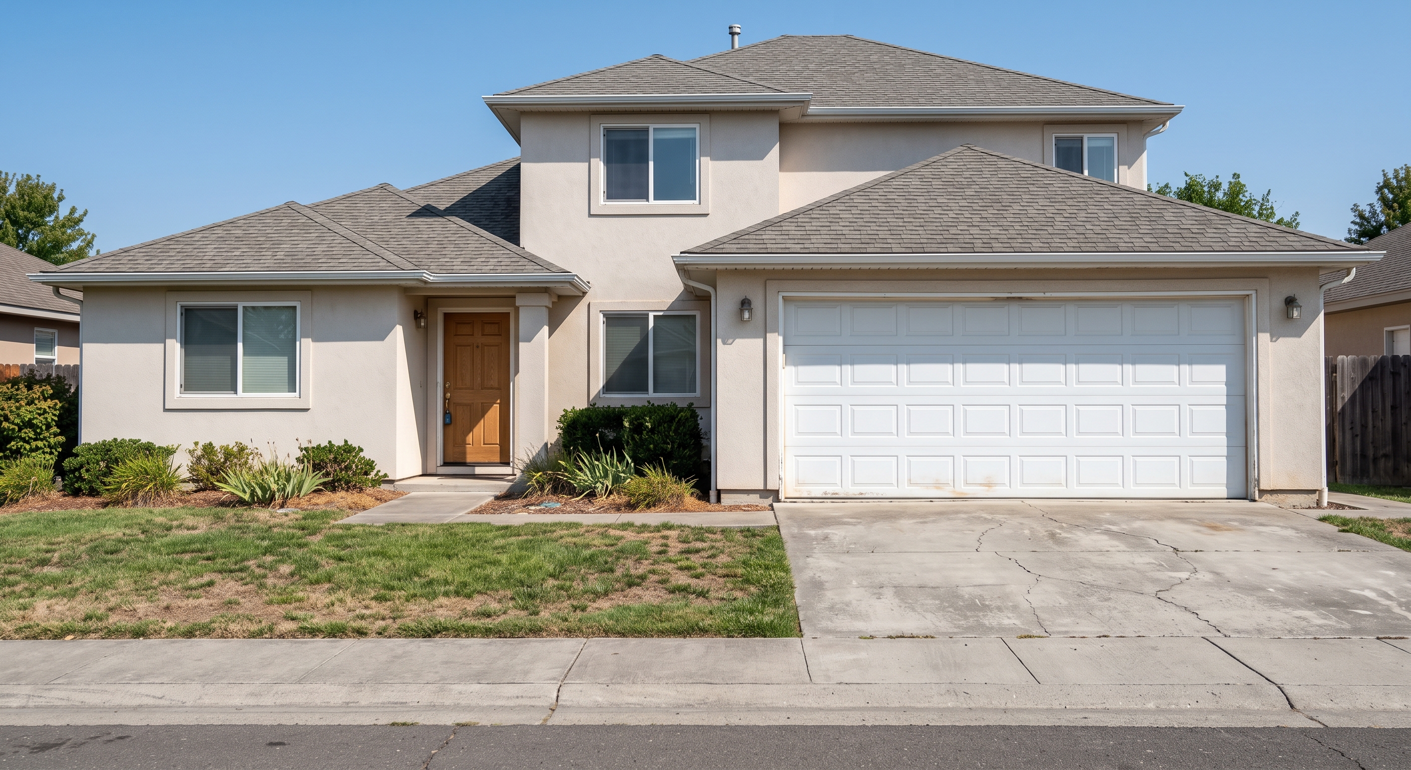 Dated home exterior in daylight with a cracked driveway and worn garage door
