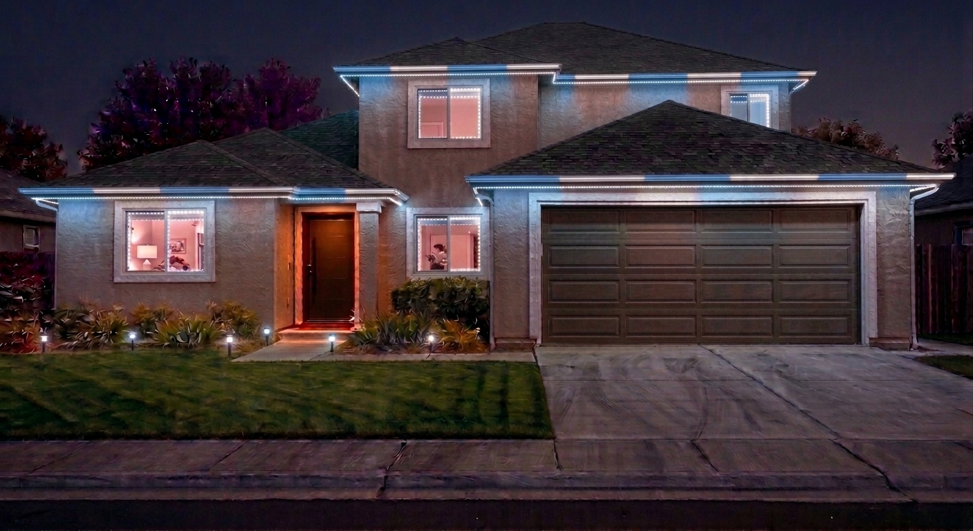 Home exterior with baby blue and white accent lighting for a baby boy announcement