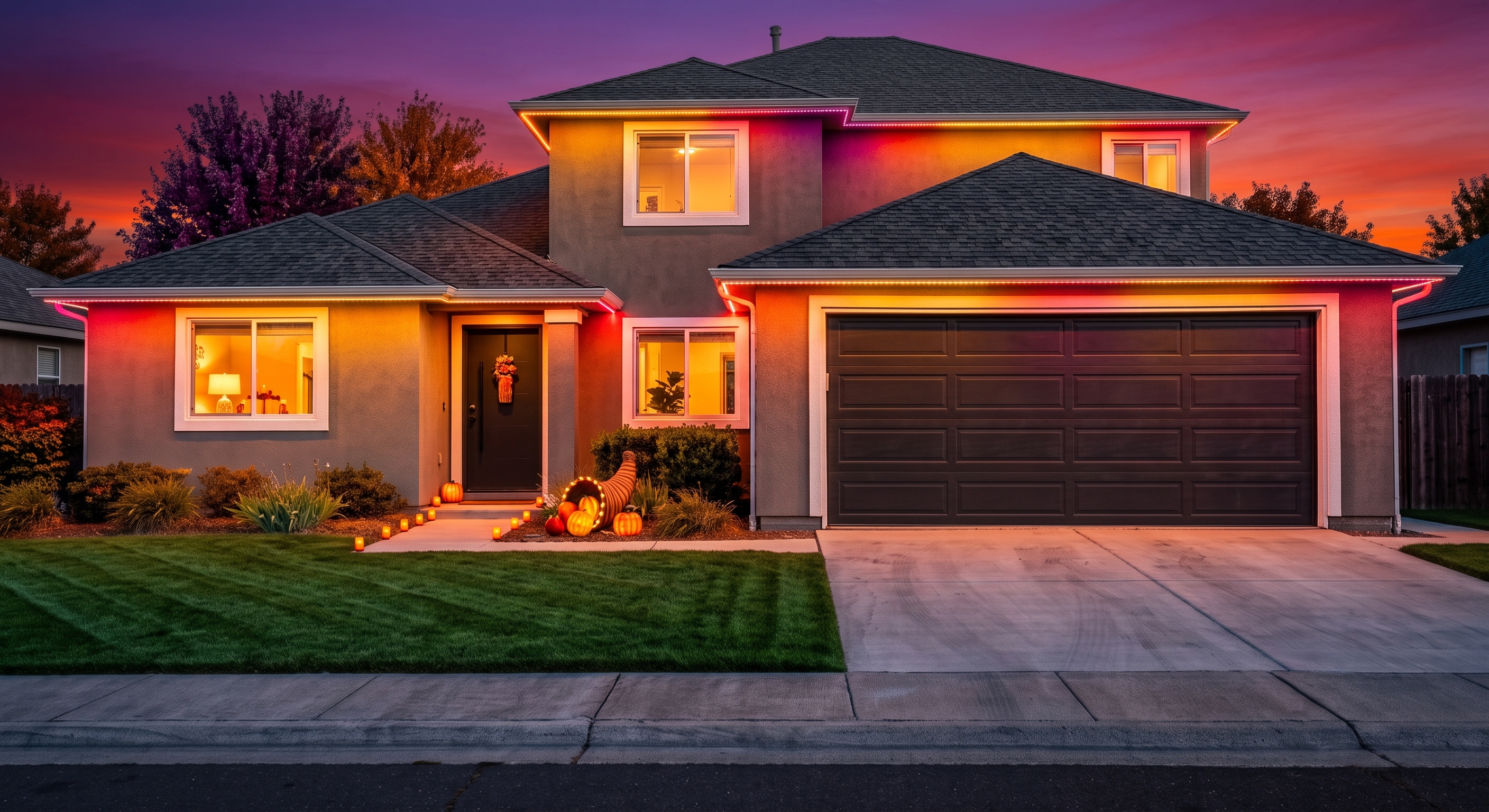 Home exterior with warm gold fall-themed accent lighting