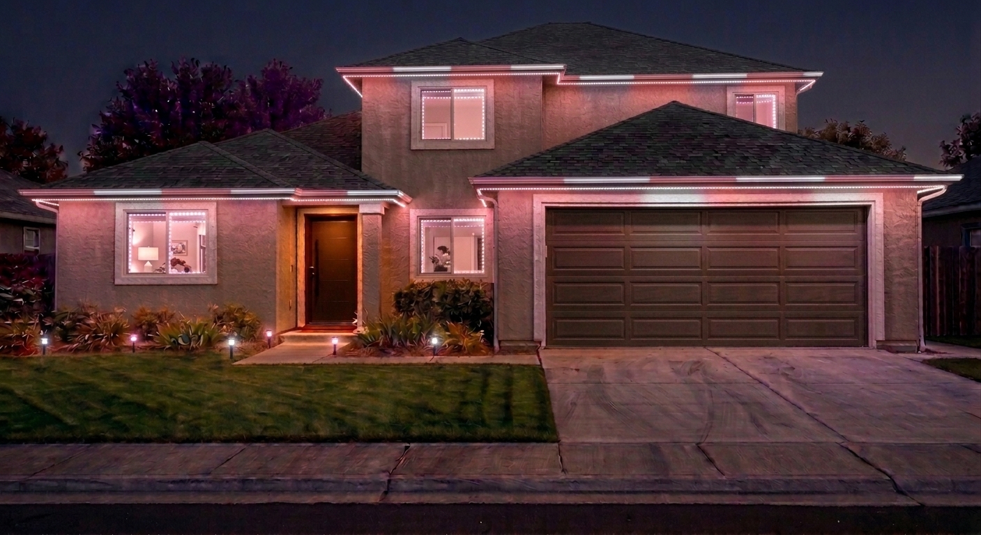 Home exterior with pink and white accent lighting for a baby girl announcement