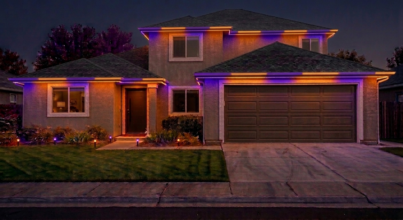 Home exterior with purple and orange Halloween accent lighting