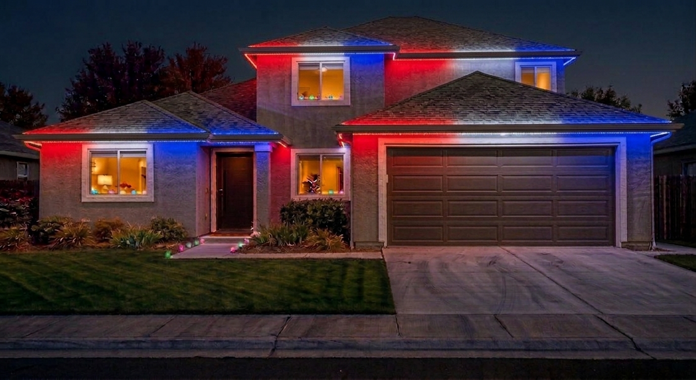 Home exterior with red, white, and blue accent lighting for July 4th