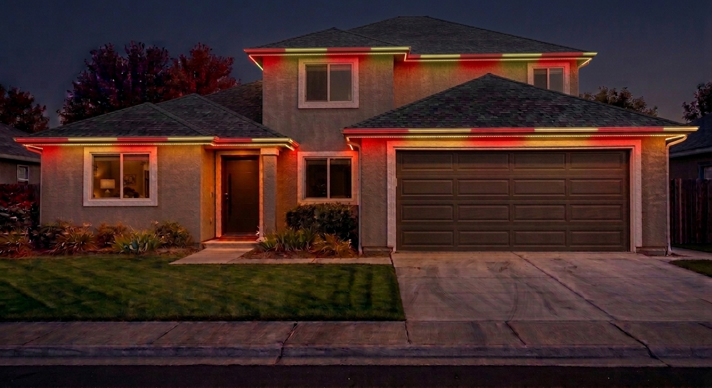 Home exterior with red and gold team-color accent lighting for game day
