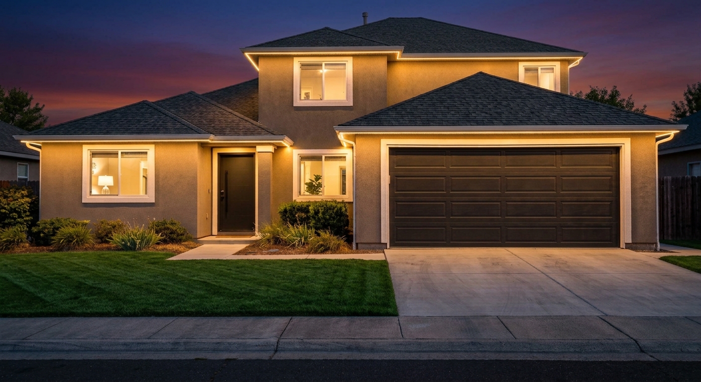 Home exterior with warm white everyday accent lighting